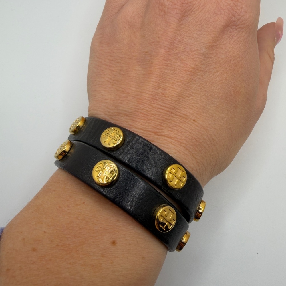Tory Burch black leather and gold tone studded double wrap bracelet! - Picture 7 of 11